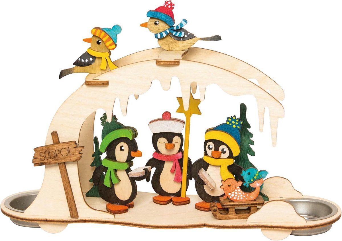 Drechslerei Kuhnert - Hobaku knutselset theelichthouder - motief: pinguïn boog - decoratie van hout om te monteren - ShopVlot