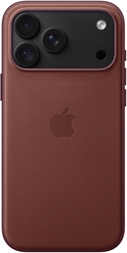 Bordeauxrood Apple TechWoven hoesje met zwarte camera-omlijsting en Apple logo.
