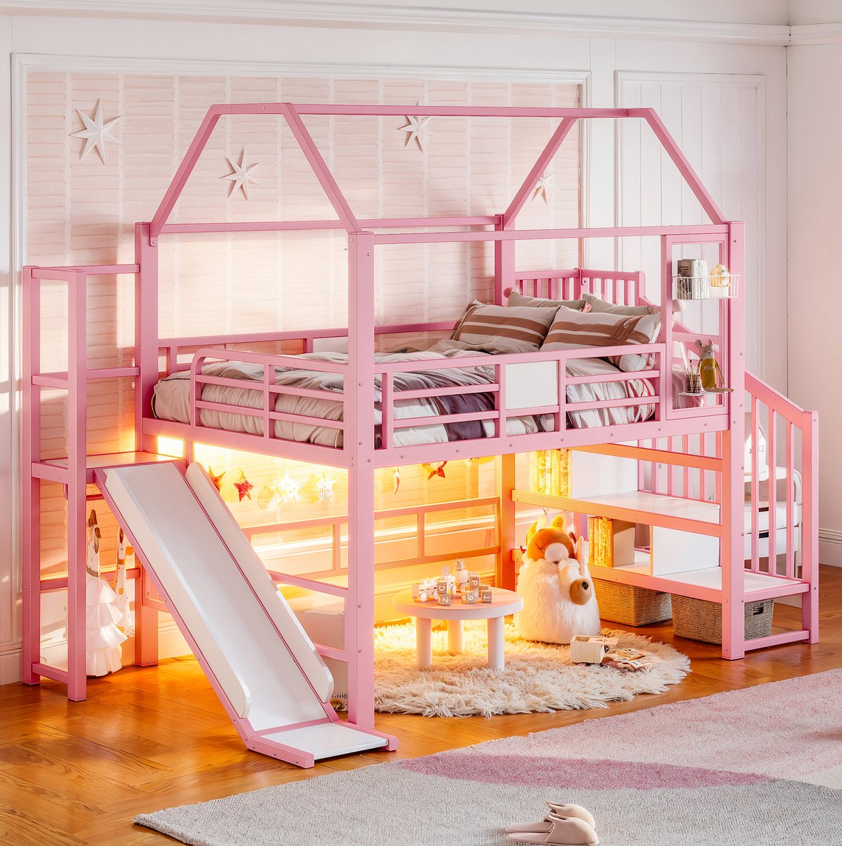 MIVRAY Hoogslaper 140 x 200 cm - Huisbed Met Glijbaan En Ledverlichting - Opbergruimte Met Bluetoothbediening - Metaal En MDF - Roze - Zonder Matras