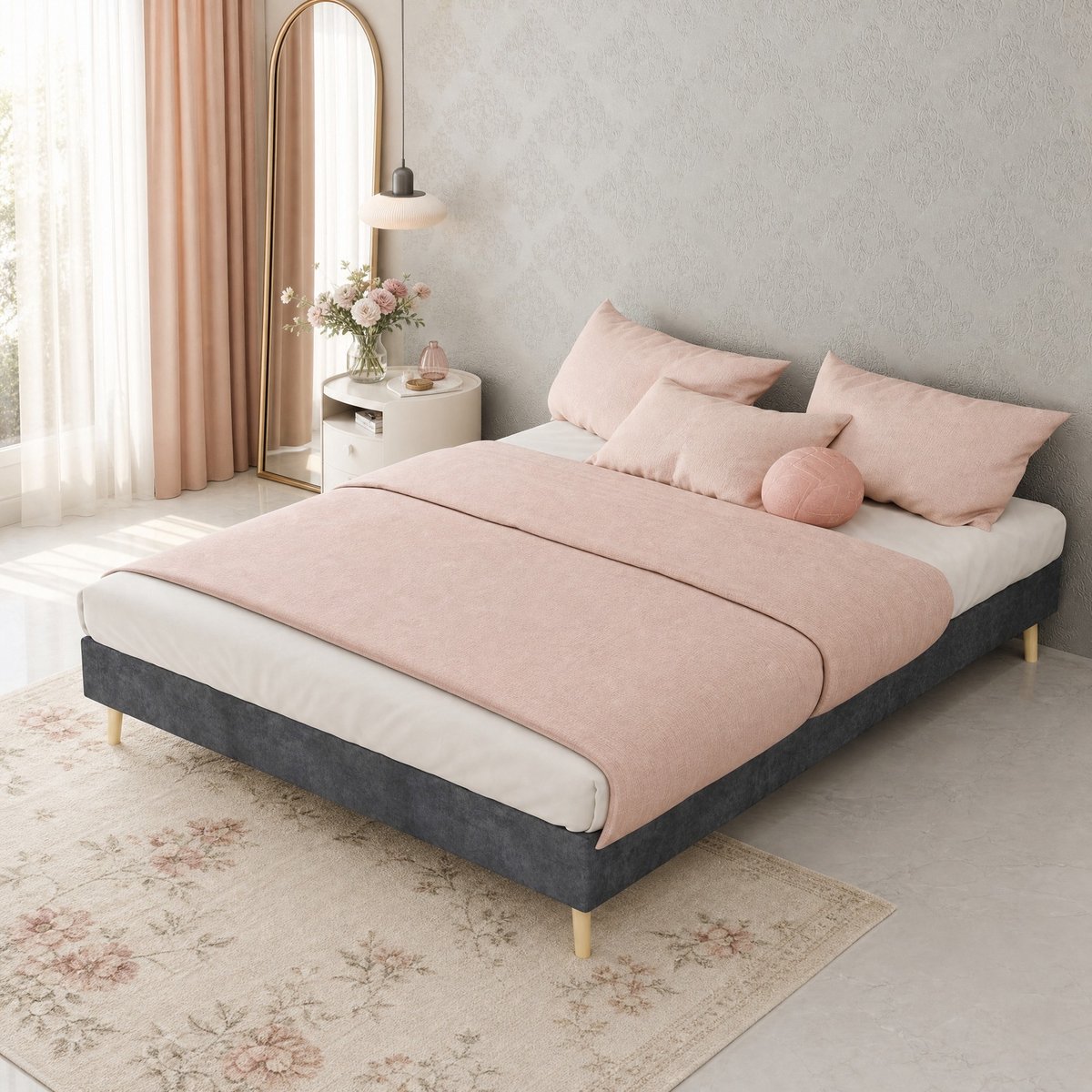WUVRIE Bedframe 140x200 cm met fluwelen bekleding en lattenbodem, grijs
