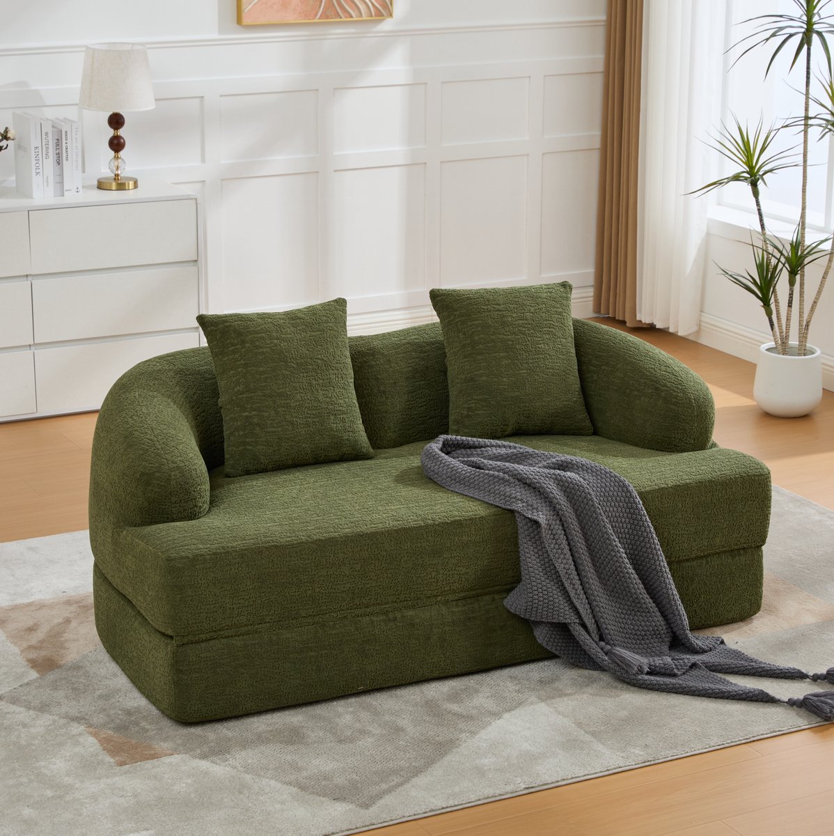 REDOM Slaapbank - Uitklapbaar tweepersoons klapbed - Chenille bekleding met strepen - Twee rugkussens - Groen - 157 x 84 x 65 cm