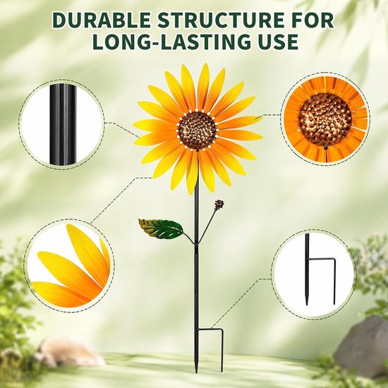 Set van 2 metalen zonnebloem windmolens, 37 x 25 cm, weerbestendige tuinversiering voor balkon, terras en tuin — afbeelding 4