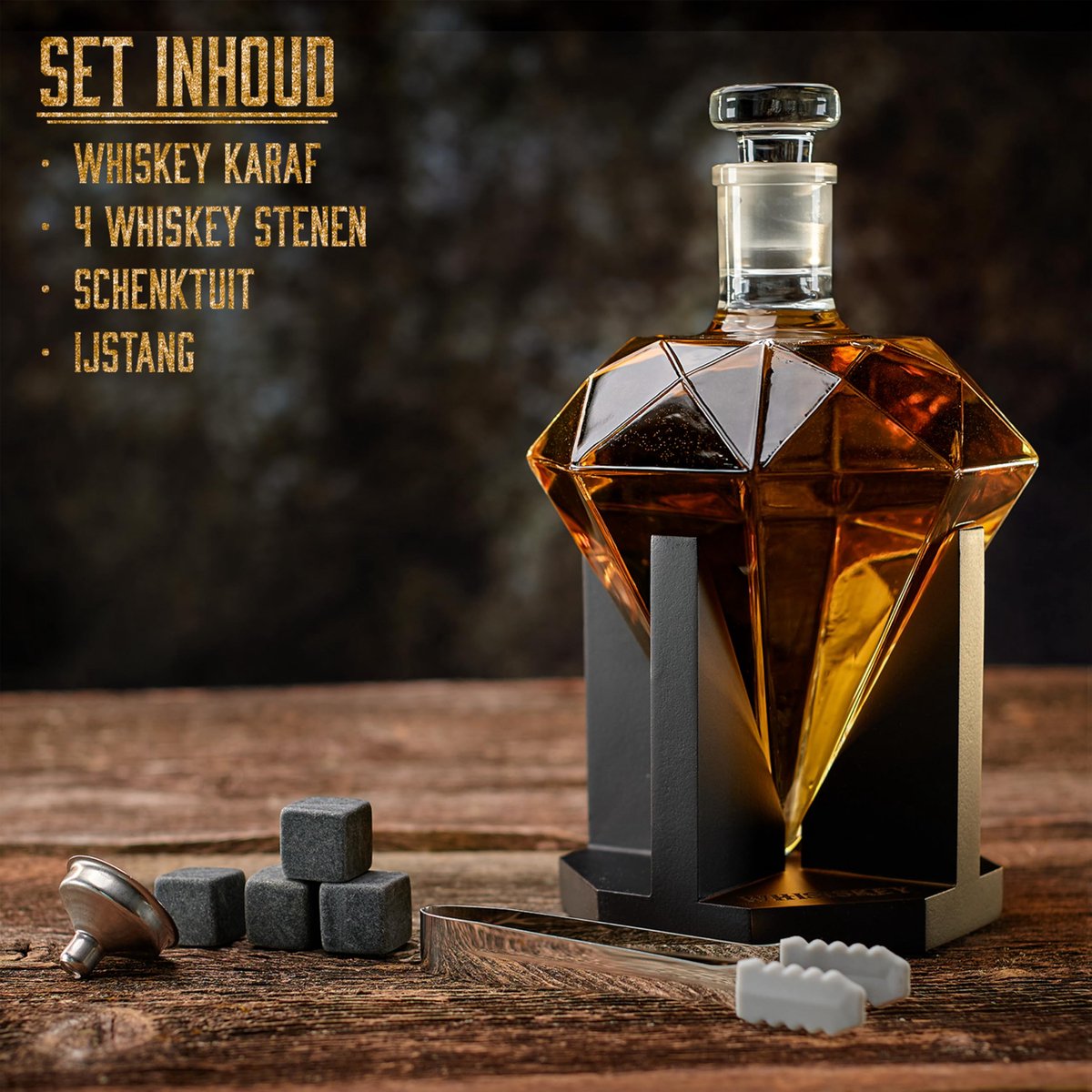 SnelShoppen - Luxe Whiskey Karaf Set - Diamant Karaf 700ml - Decanteer Karaf met 4 Whiskey Stones & Extra Accessoires - Perfect Cadeau voor Mannen