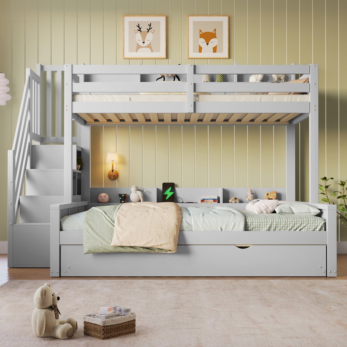 MIVRAY Hoog Laag Bed 90x200 en 140x200 cm - Met Uittrekbed USB Aansluiting en Opbergruimte - Zonder Matras - Hout MDF - Grijs