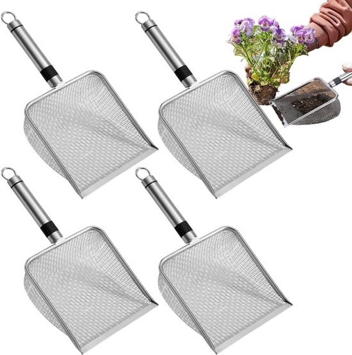 Tuinzeef - standaard roestvrij staal 28,5 x 14 x 6 cm | zandzeef met handgreep, 4 x vuilschep voor het screenen van de compostbodem van rotsen | tuingazon voor buiten