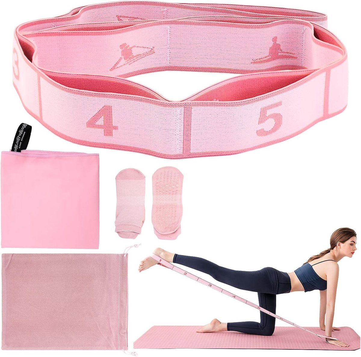 Complete Yoga Accessoire Set met Weerstandsband, Handdoek en Antislip Sokken, 90 cm Verstelbare Fitnessriem voor Stretchen, Pilates en Dans