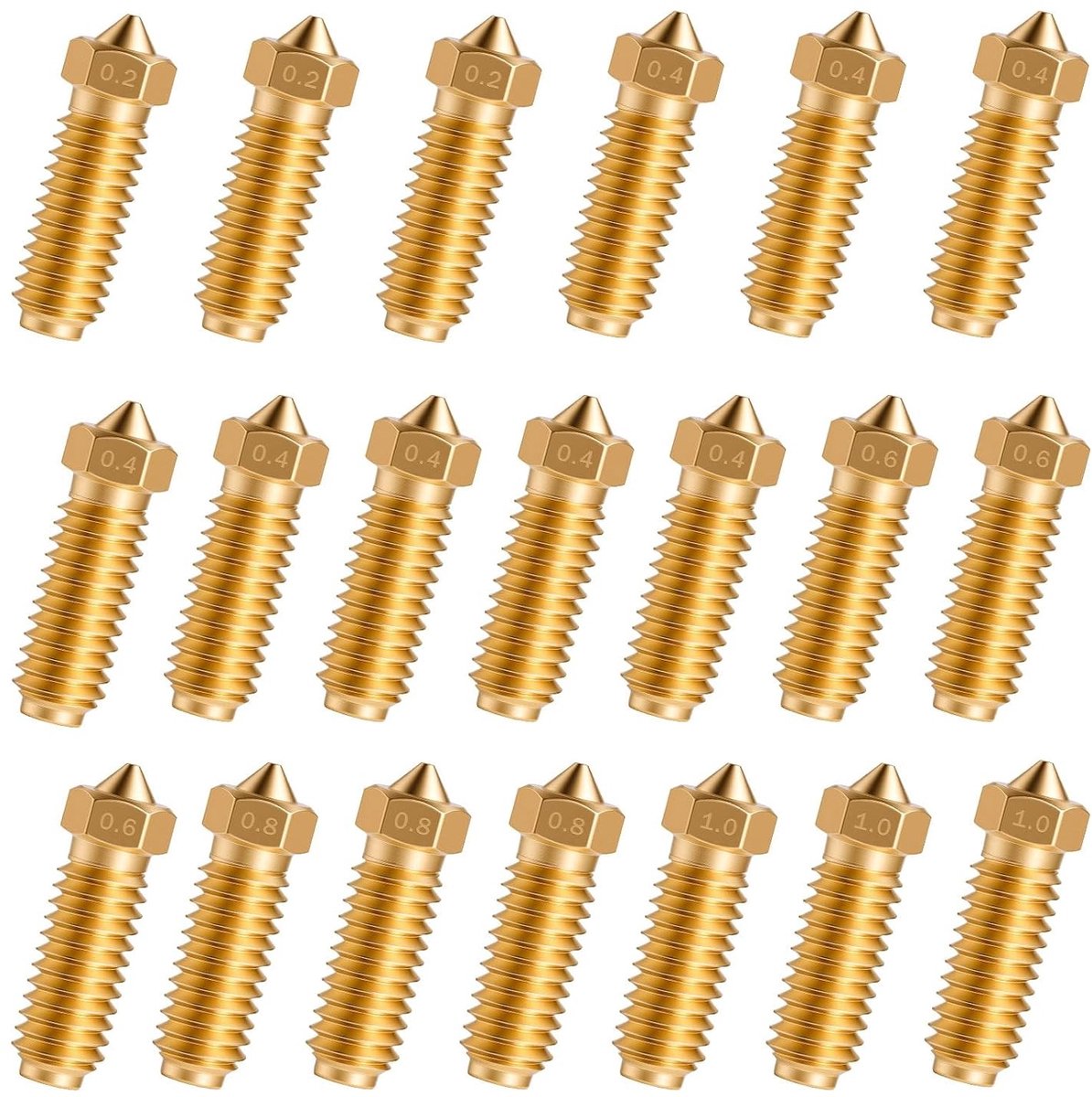 Set van 20 Messing Spuitmonden voor 3D Printers, Inclusief 0.2 mm, 0.4 mm, 0.6 mm, 0.8 mm en 1 mm, Ideaal voor Verbeterde Printkwaliteit en Precisie