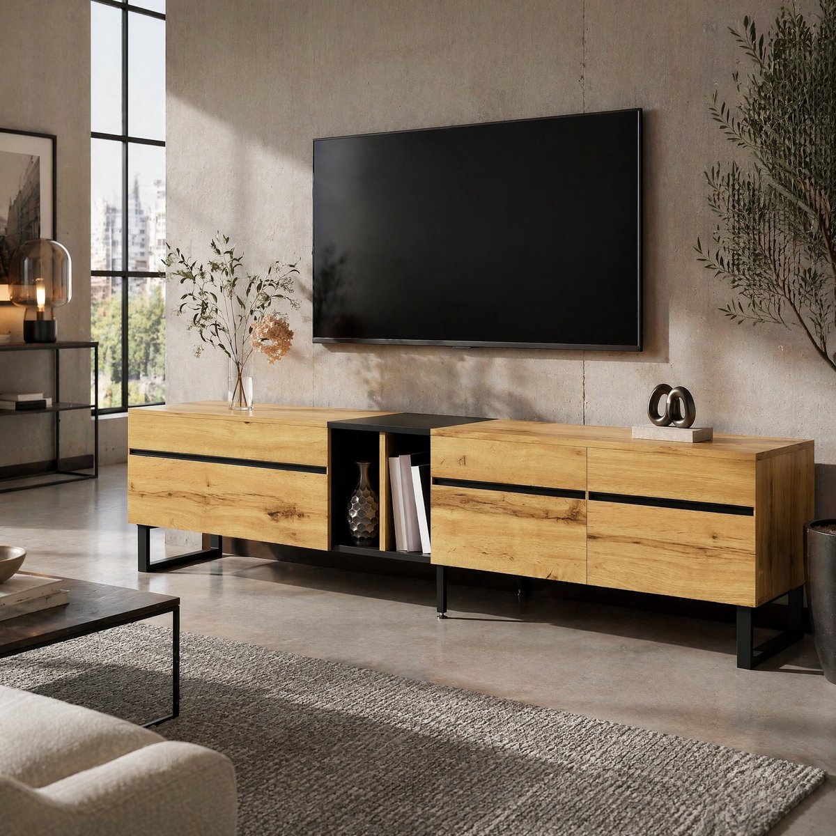 WUVRIE TV-meubel 180 x 38 x 45 cm - Klep, open vak en gesloten opbergruimte - Hout Wood