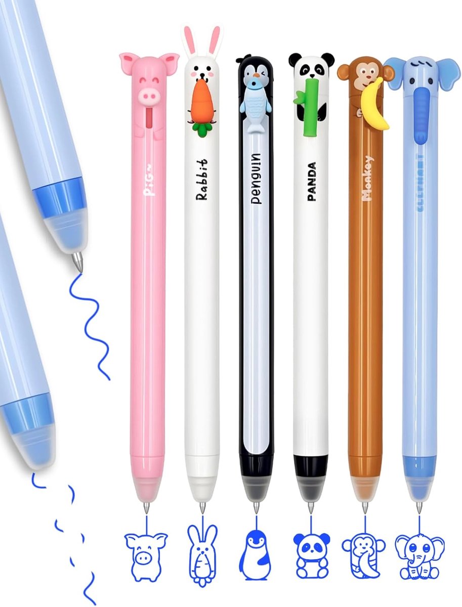 Linkgood 6 stuks uitwisbare balpennen, uitwisbare gelpennen met schattige diermotieven: aap, panda, olifant, pinguïn - ShopVlot