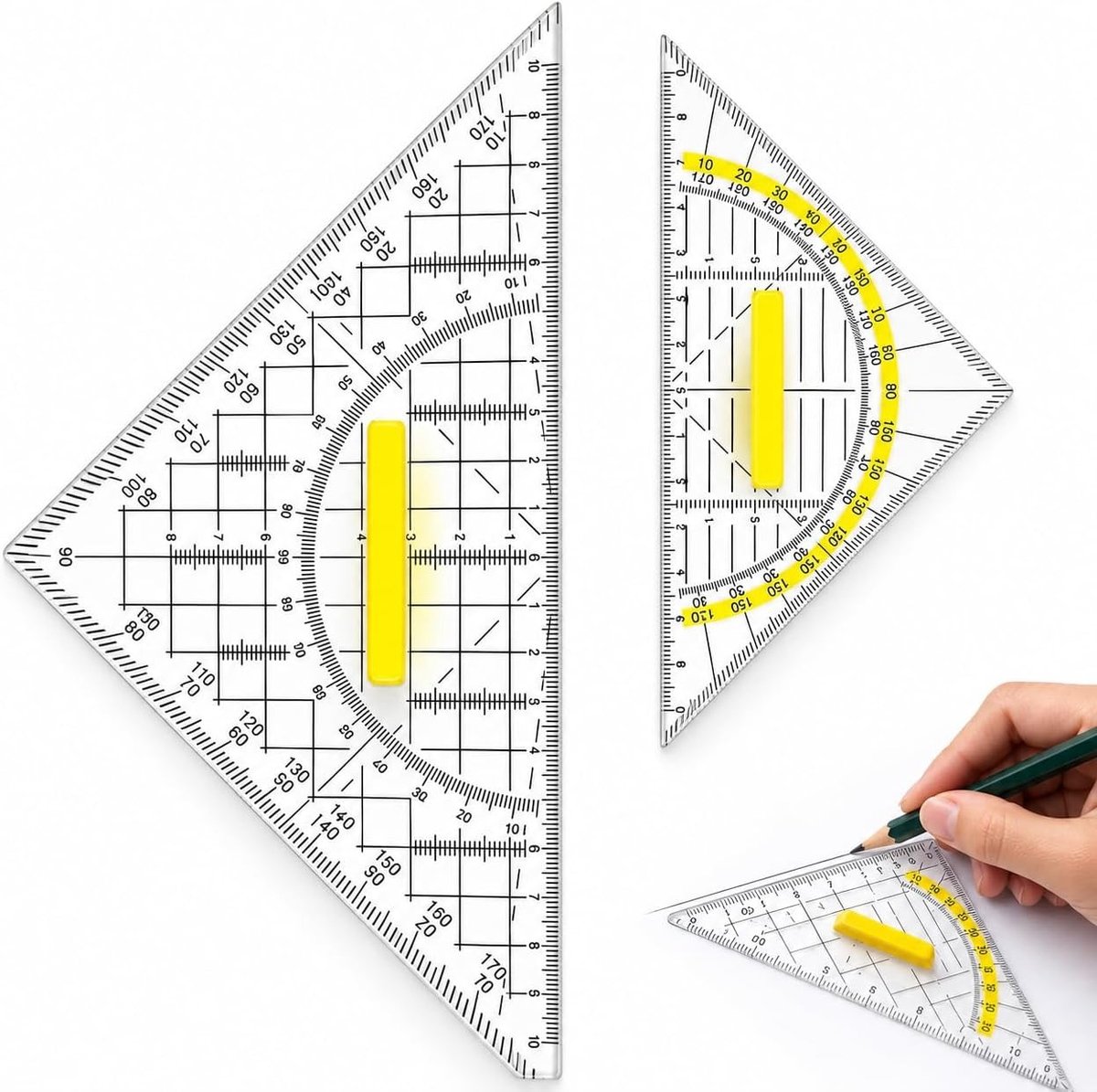 Geo Triangle Set met Handvat 16 cm en 22 cm, Transparante Geometrische Set voor Tekeningen, Modelleren en Cartografie, Perfect voor Studenten en Ontwerpers
