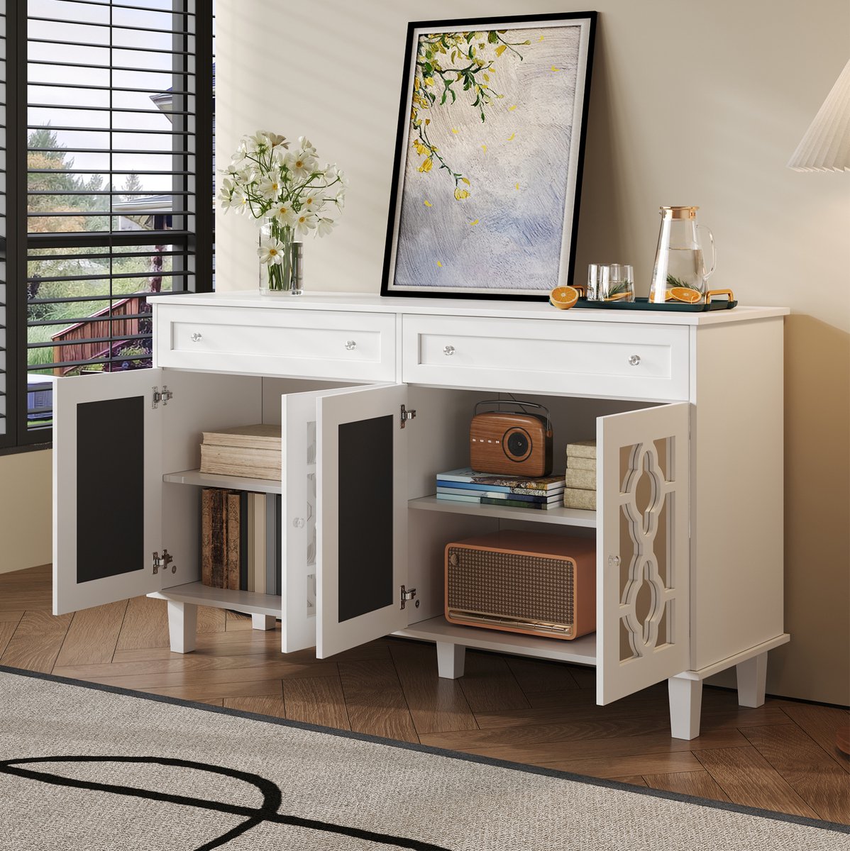 WUVRIE Dressoir 140 x 40 x 83 cm - 4 spiegeldeuren, 2 lades en verstelbare planken - Wit
