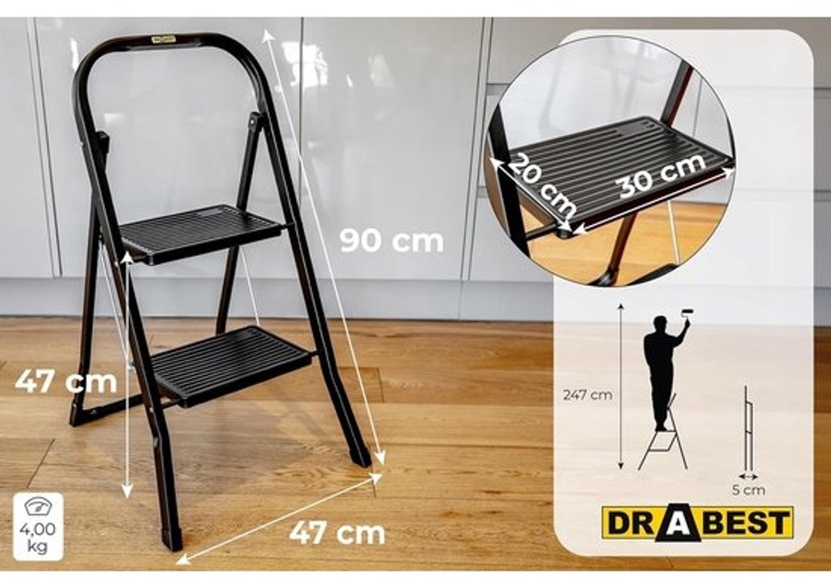 Stalen ladder - 2 treden - Antislip treden - Lichtgewicht - Ergonomisch - Draagvermogen tot 150 kg