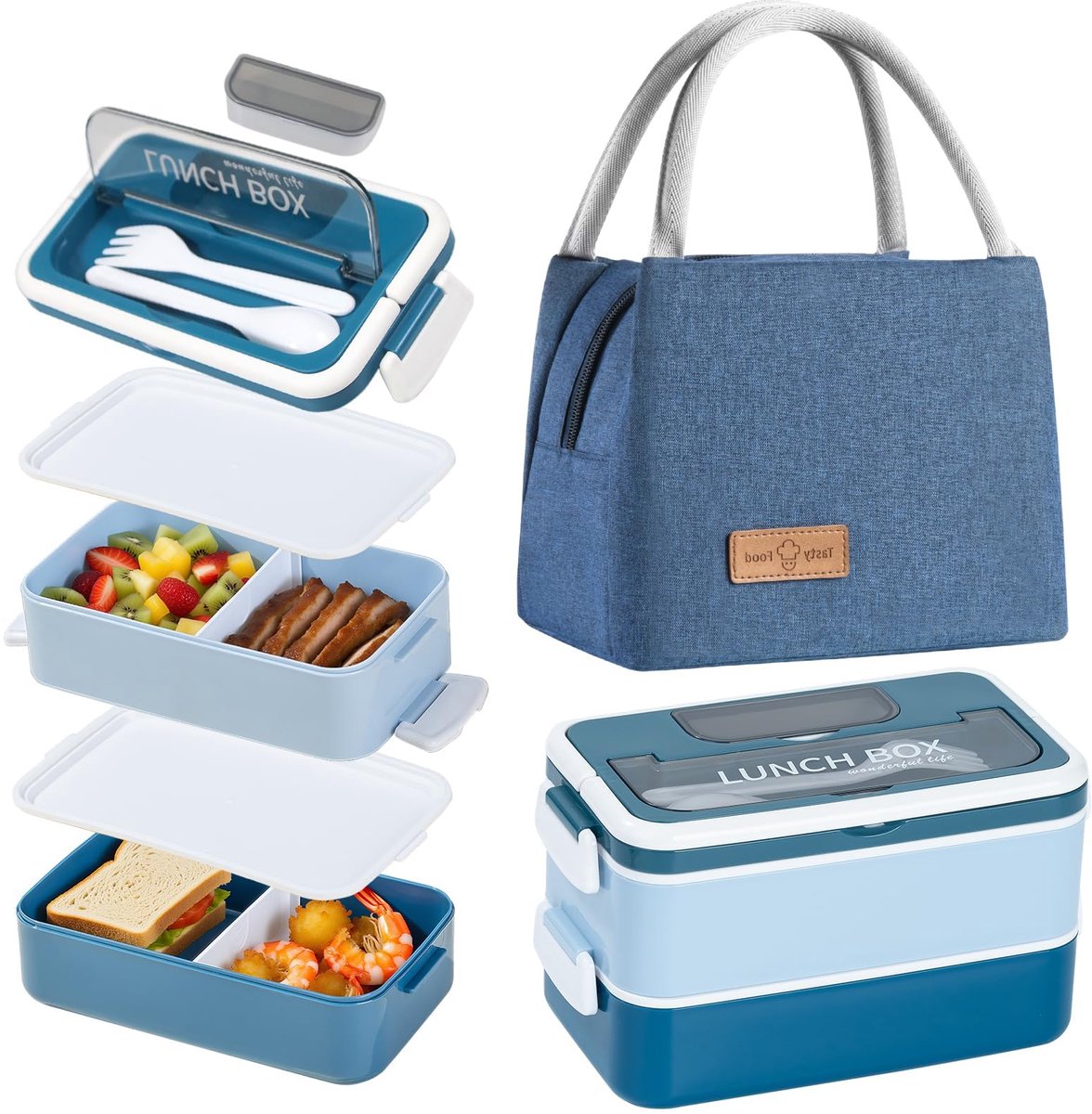 SnelShoppen - Aiuuee Broodtrommel voor Volwassenen met Koeltas, 2 Lagen, 1600 ml, Lunchbox met Vakken en Bestek, Ideaal voor Werk, Picknick en Reizen