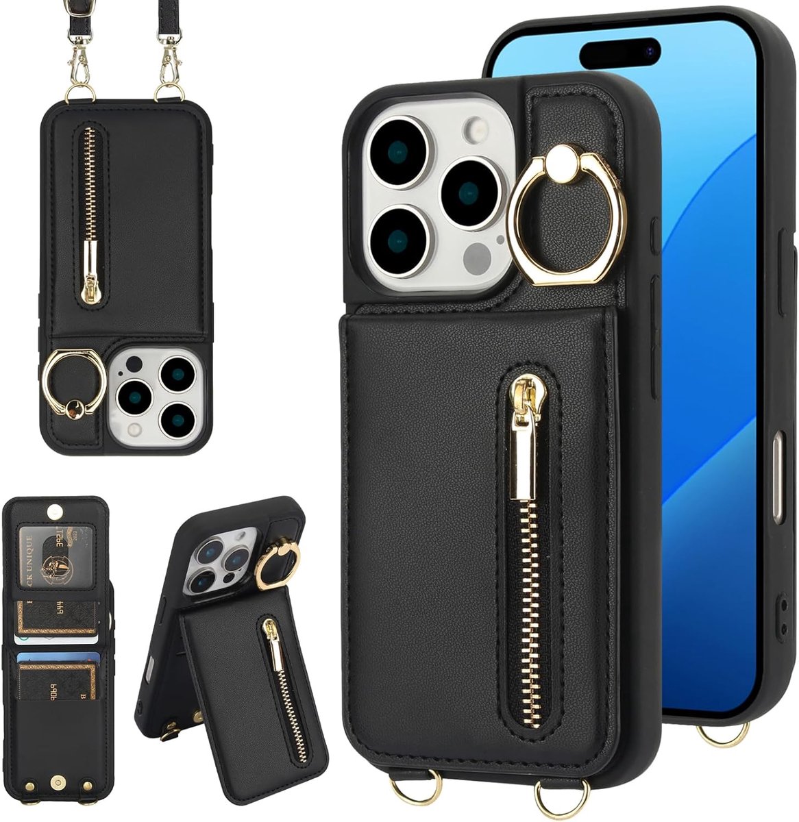 Crossbody portemonneehoesje voor iPhone 16 Pro Max met sleutelkoord kaartsleuf houder RFID-blokkering 360° ring - ShopVlot