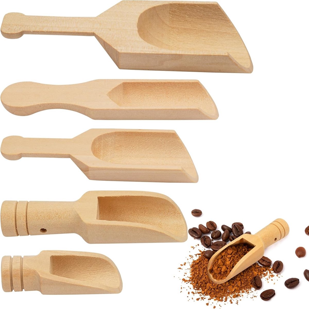 Set van 5 Mini Houten Specerijlepels in Diverse Maten van 5 tot 10,5 cm voor Keuken en Koken