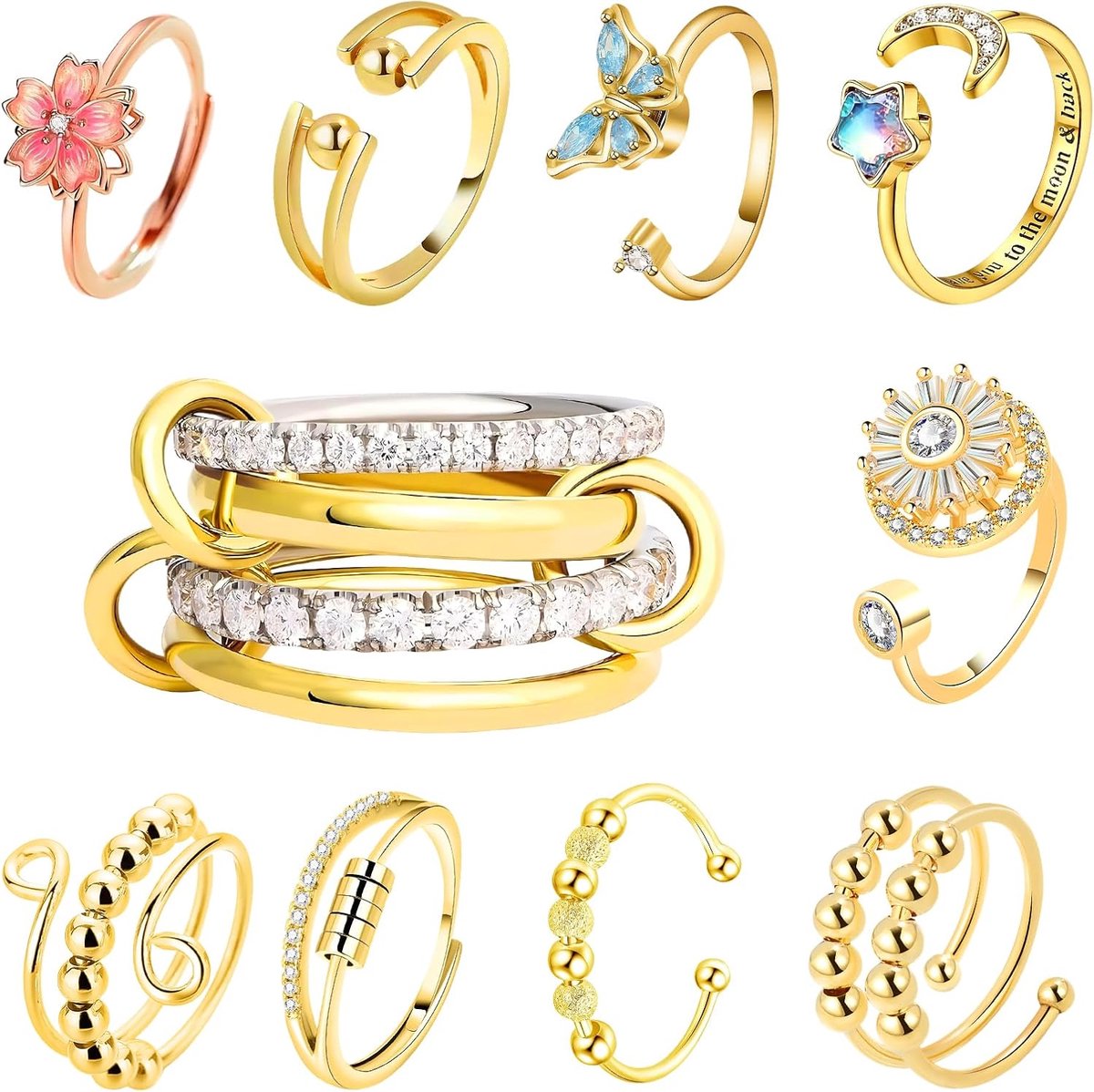 10 stuks vergulde anti-stress ringen voor dames, anti-stress-ringen, dames, angstring, draaibare fidgetring, regelt - ShopVlot