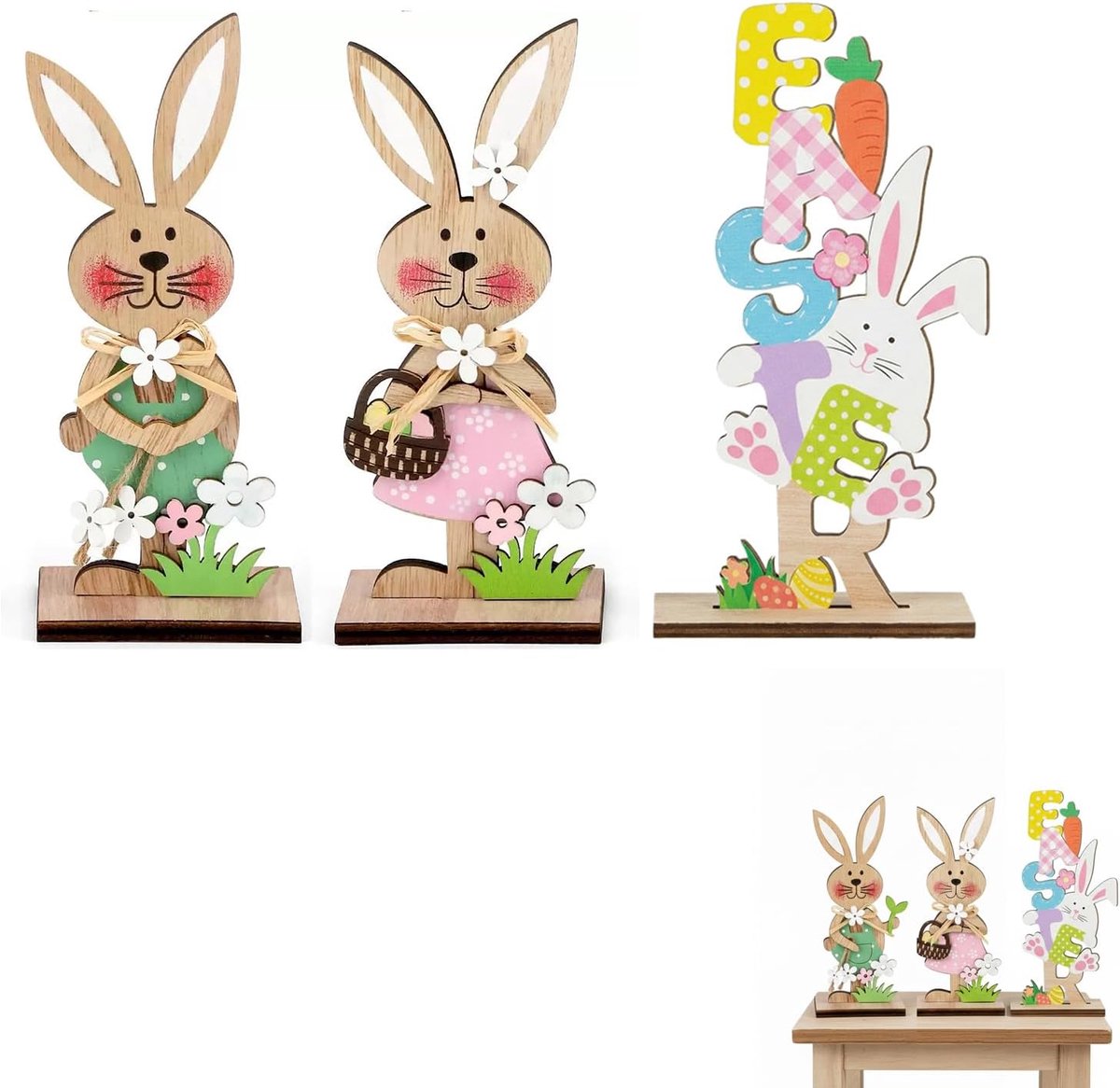 Paasdecoratie Set met 3 Paashazen - Houten Decoratieve Borden voor Feestdagen, Herbruikbaar en Geschikt voor Elk Huis - ShopVlot