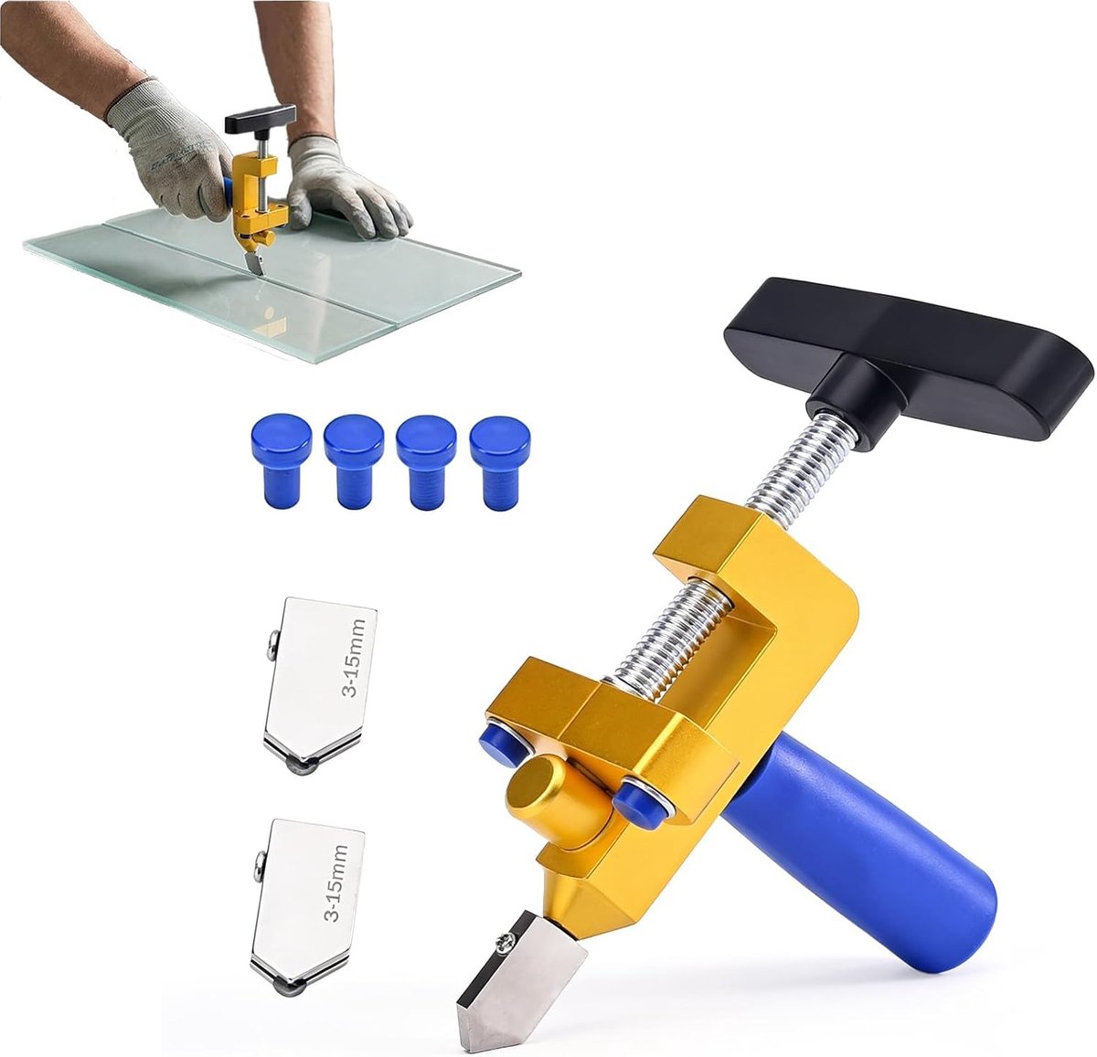Professional Glass Cutter Set 2-in-1 - 2 Tungsten Carbide Heads (3-15mm) + 4 Contact Feet, for Thick Glass, Anti-Crack - ShopVlot