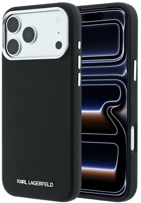 Zwart gestructureerd lederen Karl Lagerfeld hoesje met zilverkleurige cameramodule en wit logo.