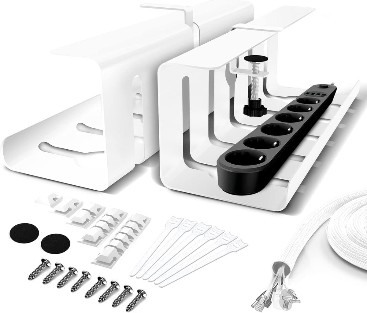 Lannvan Set of 2 Cable Tray, Desk, White, No Drilling, Cable Management, Desk, Clampable, Bottom Table, 40 cm Cable - ShopVlot