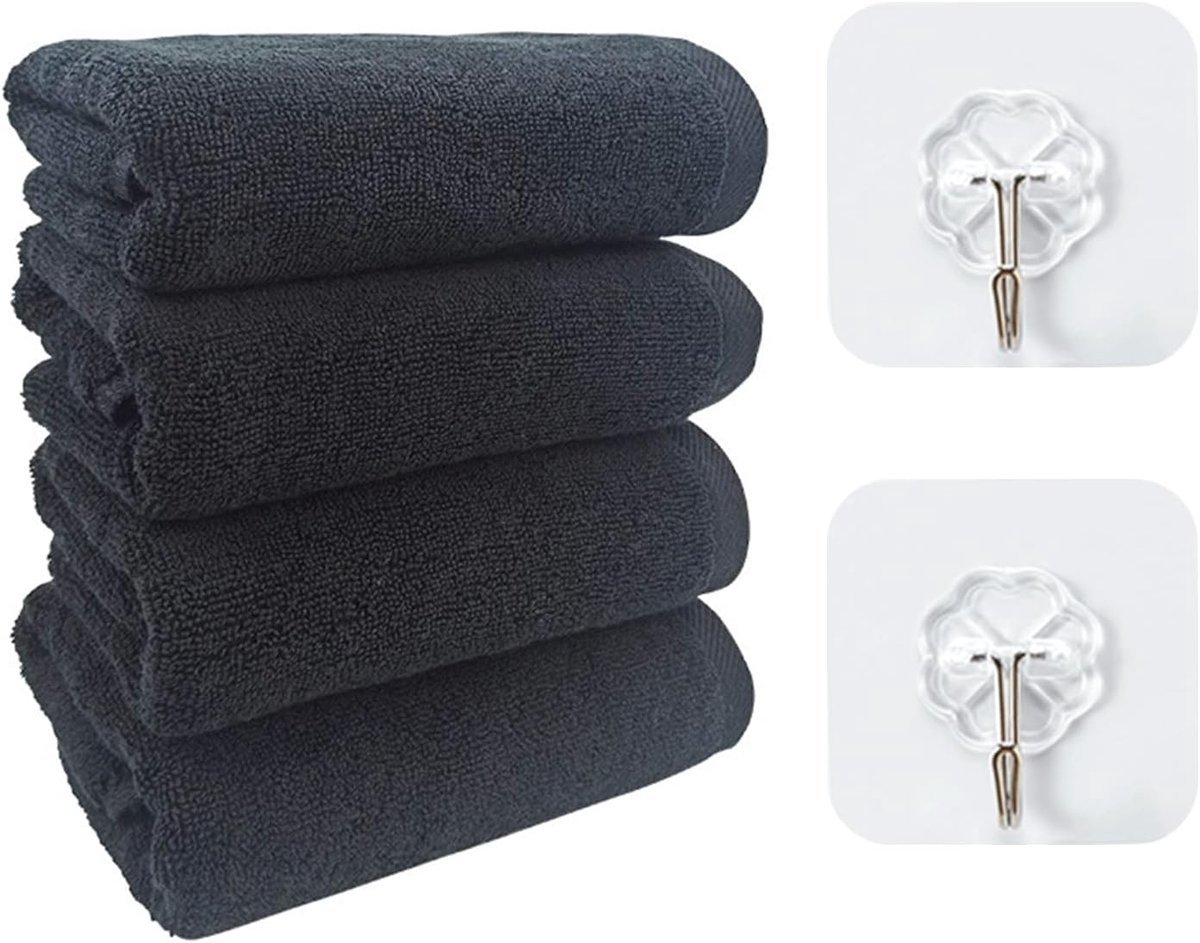 4 pieces black towels, with 2 pieces hooks, absorbent towels, soft and comfortable bath towels, suitable for home - ShopVlot
