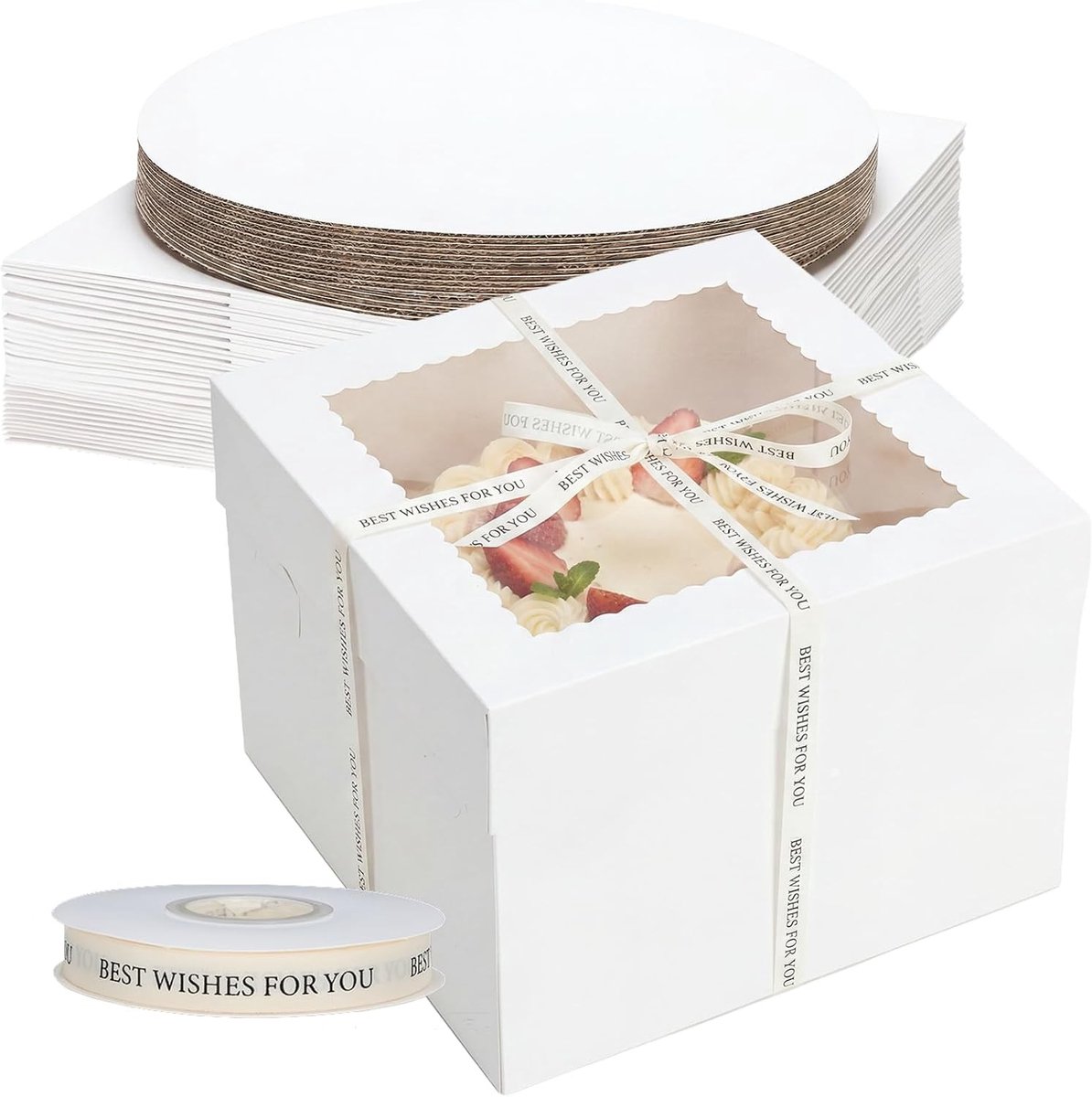 12 Stuks Taartdozen 30 x 30 x 20 cm met Taartplateau en Cadeau Ribbon, Ideaal voor Taartvervoer en Bakkerijgebruik, Wegwerp Taartdozen voor Feestjes en Speciale Gelegenheden