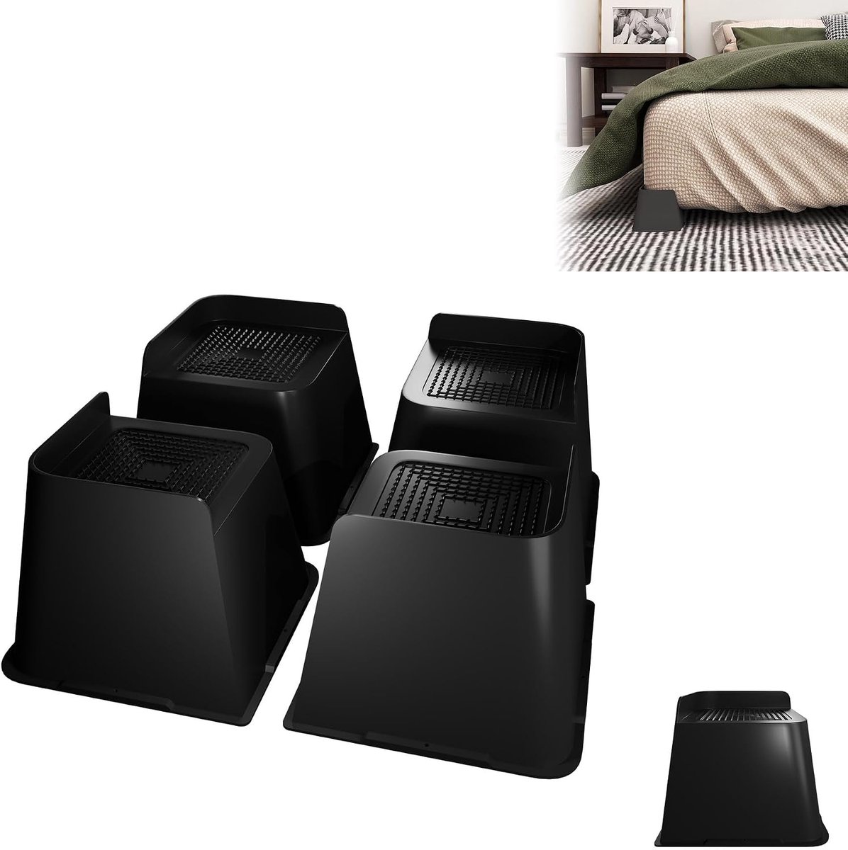 Set van 4 meubelverhogingen van sterk PP, tafelverhoging, stapelbare tafelverhoging, meubelverhoging, bedverhoging en tafelpoot verlenging voor bank, tafel, bedpoten, zwart (L-vorm, 7 cm hoog)