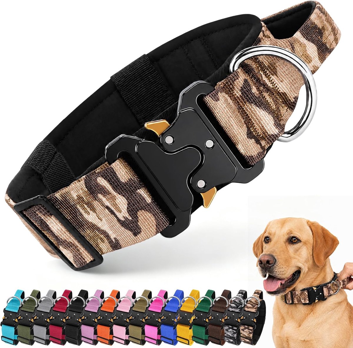 Hondenhalsband verstelbaar met handvat (kaki-camouflage, M)