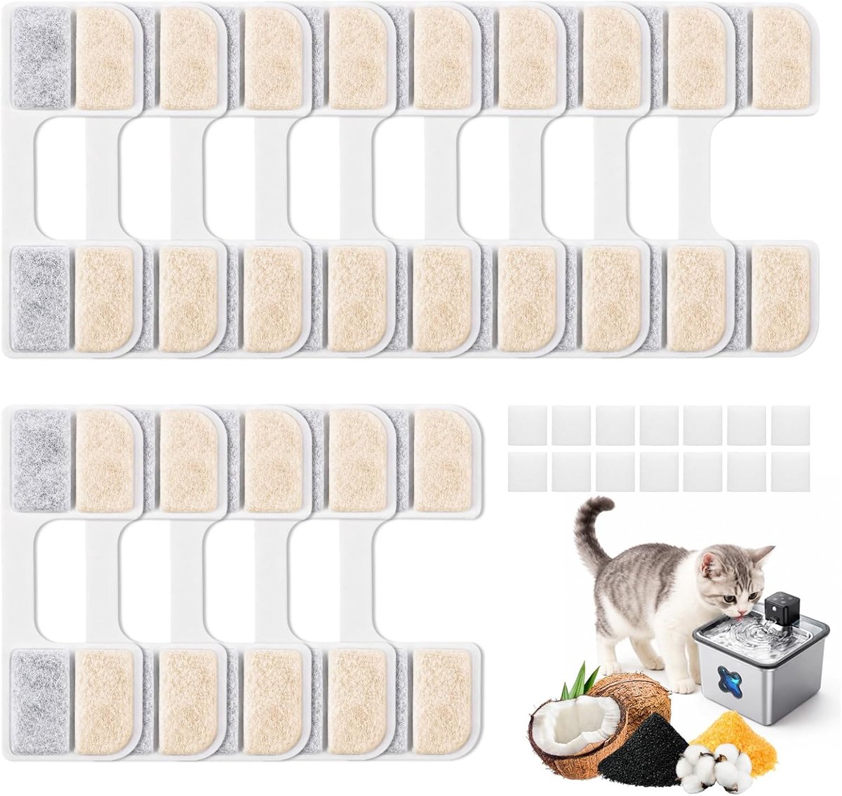 14 stuks kattenfonteinfilter, vervangingsfilter compatibel met FEELNEEDY FN-W17 3,2 l roestvrijstalen kattenfontein, incl. 14 actieve koolfilters en 14 sponzen voor pomp