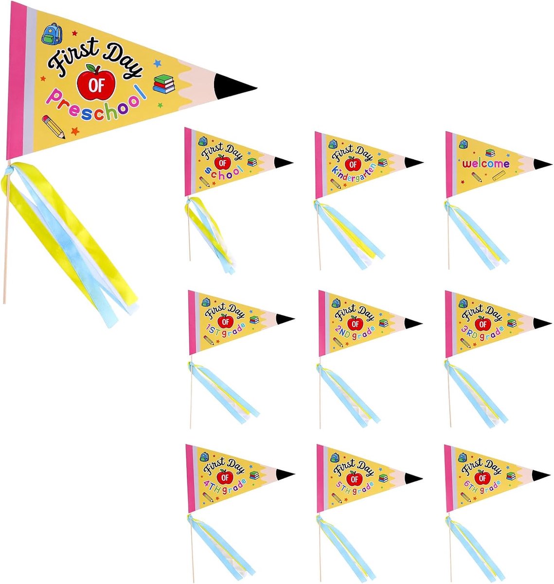 10 Stuks Vlaggetjes voor de Eerste Schooldag, Terug Naar School Wimpels met Linten en Stokjes Leuke Decoratie in de Klas Fotorekwisiet voor Klasdecoratie (Geel)