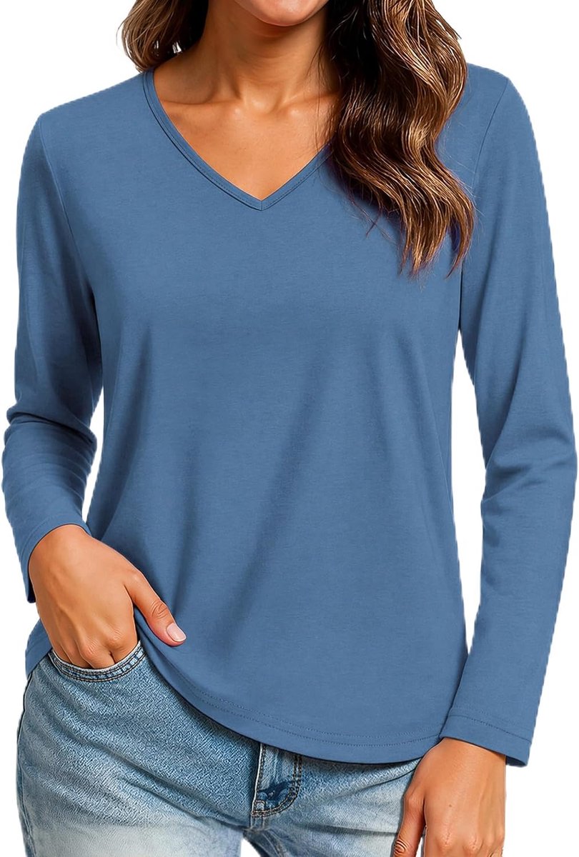 Dames lange mouwen V-hals basic shirt katoenmix