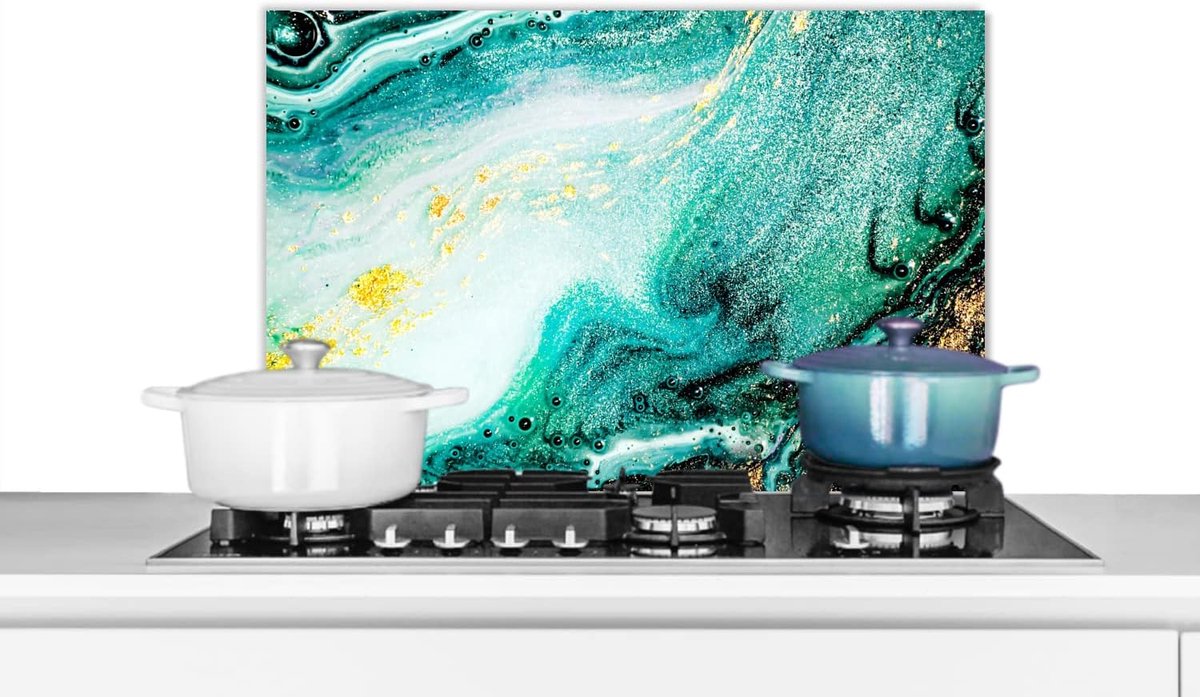 Spatscherm Keuken - 70x50 cm - Marmerlook - Blauw - Goud - Glitter - Luxe - Marmer