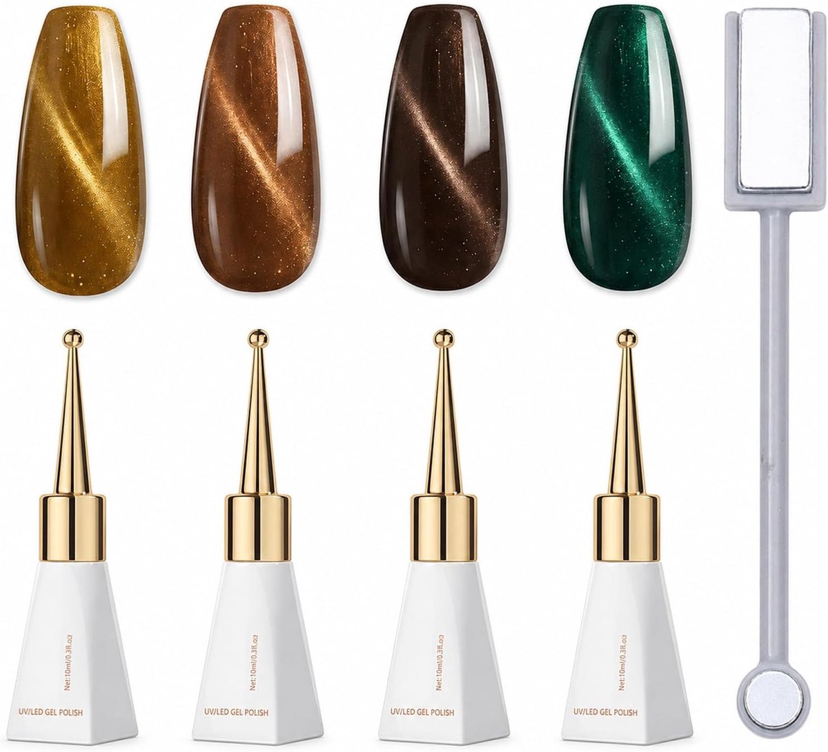 Glitter gel voor kattenogen met magneet met dubbele kop, doorschijnende holograaf, transparant, bruin, goud, groen, fonkelend, uv/led