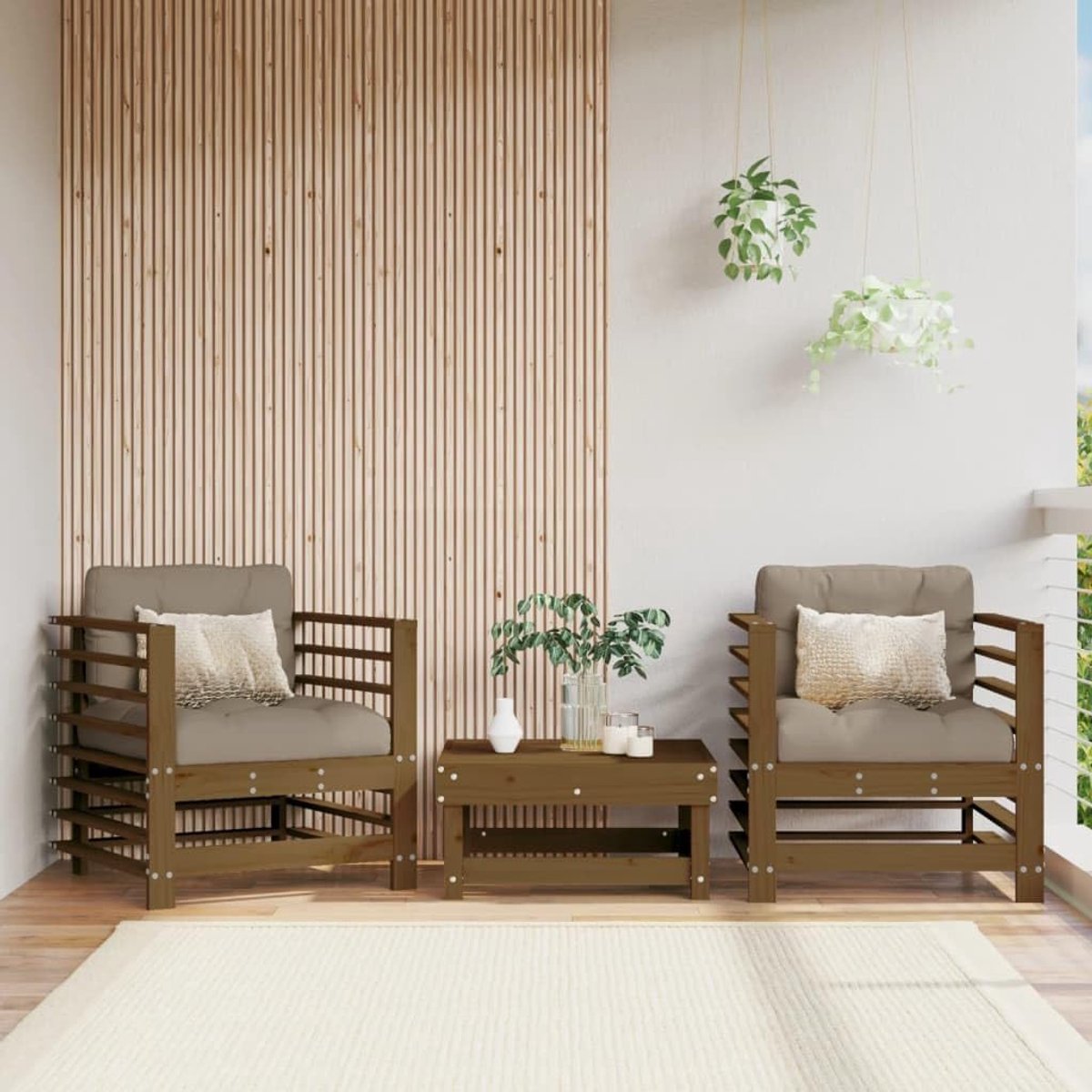 Tuinstoelen met kussens, 2 stuks, honingbruin, massief houten grenen, tuinstoel, tuinmeubilair, balkon, terras, terrasstoel (SPU: 825677)