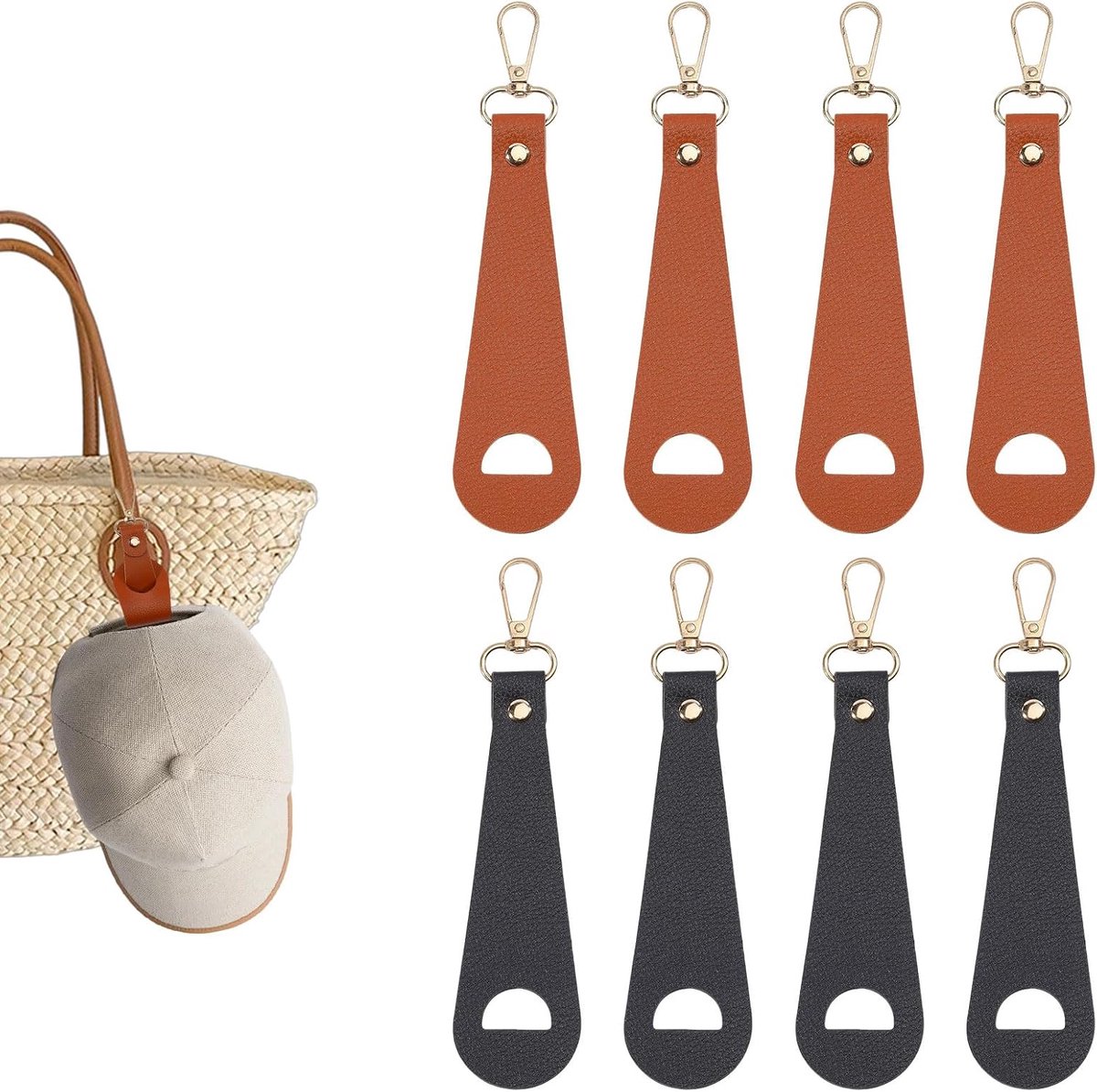 Hoedclip voor reizen, 8 stuks, PU-lederen hoedenhouder, clip met metalen karabijnhaak, draagbare hoedenhouder voor rugzak, tas, bagage