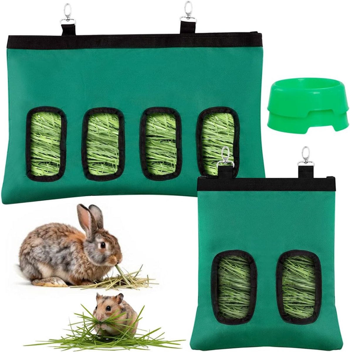 2 stuks hooizakken konijnen, hangende voederzak met 2 en 4 gaten, hooi voederzak voor chinchilla, hamsters en andere kleine dieren, cavia's (groen)