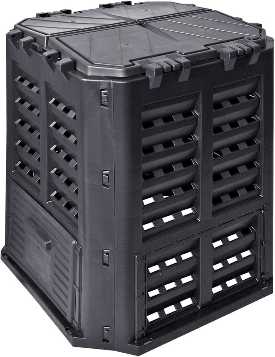 Thermocompostbak voor in de tuin, afvalconverter, compostbak, schuifdeur, 689 x 689 x 839 mm (l x b x h), met houders, hangslotgat, druppelirrigatiesysteem, 360 l, kunststof