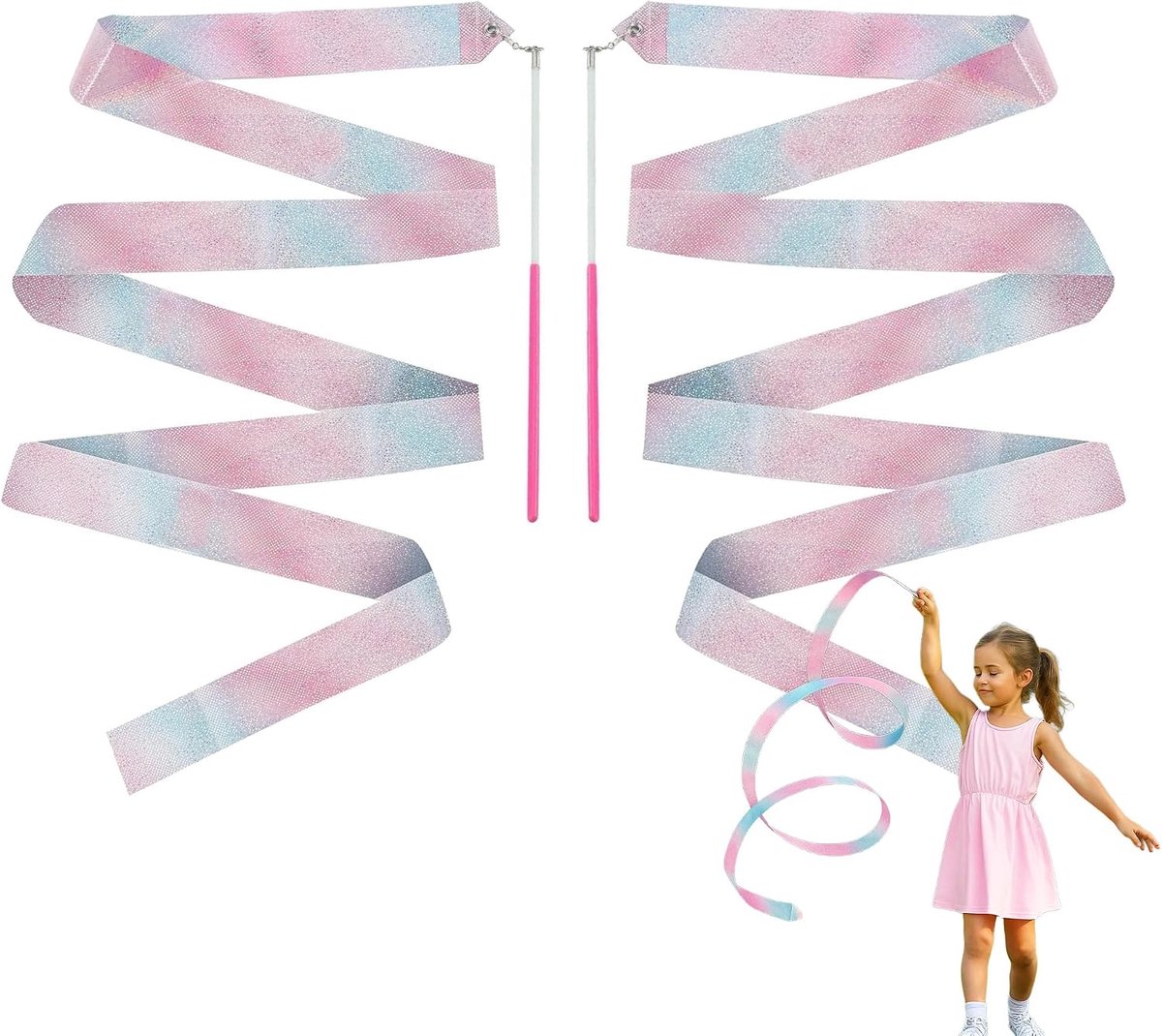 2 gymnastiekbanden, 2 m, meerkleurig, roze, dubbele set voor kinderdans, cadeau-idee