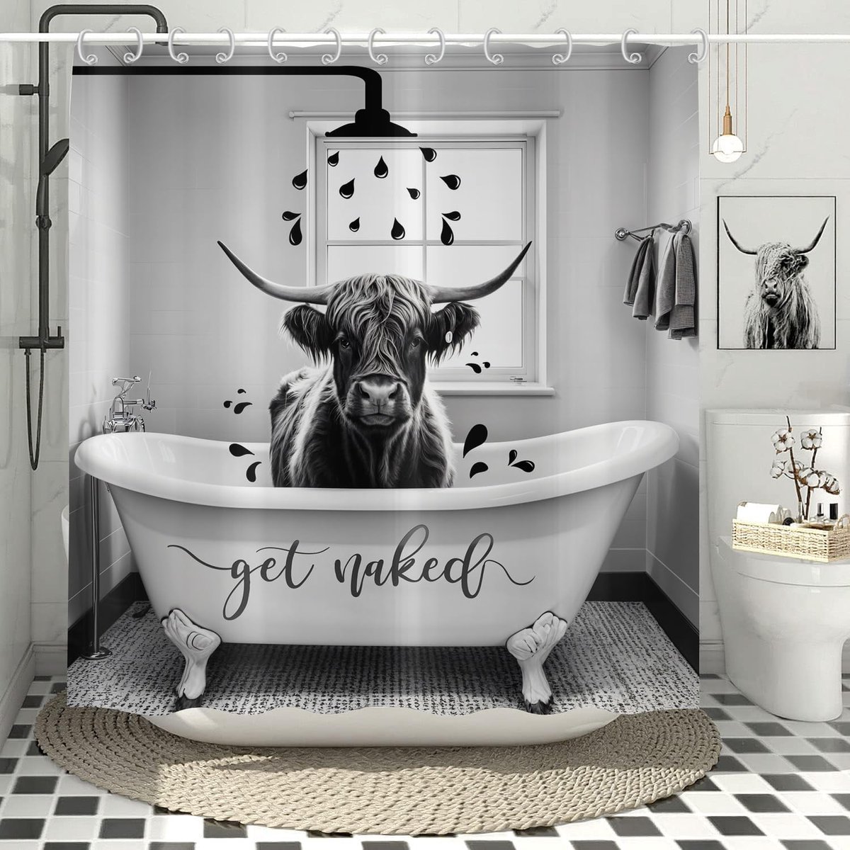 Highland Cow douchegordijn 120 x 200, Get Naked Grey Animal Bull Vee in Bad Westerse boerderij badkamer gordijnen waterdichte polyester stof wasbare badgordijnen met haken