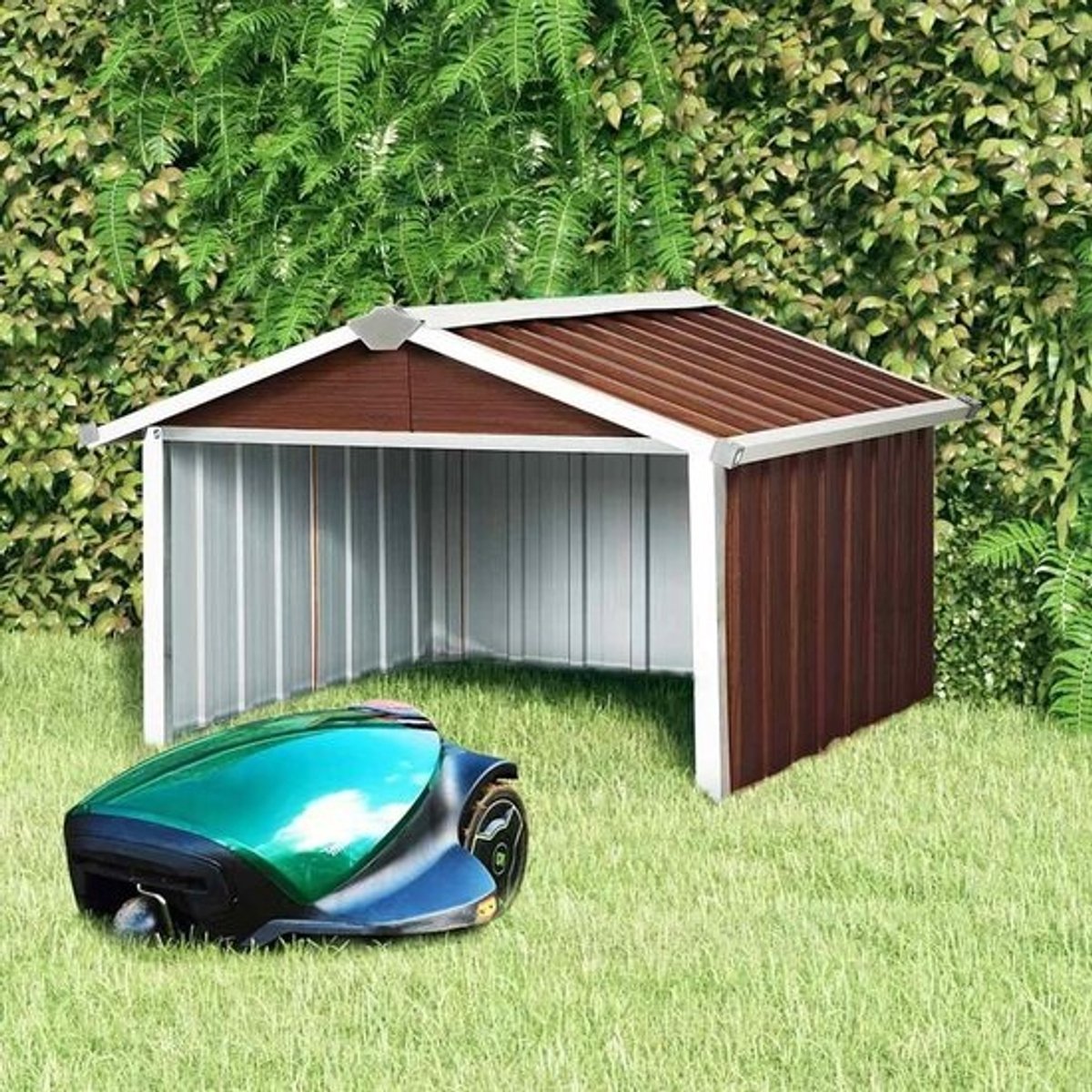 Robotmaaiergarage - 92 x 97 x 63 cm - Bruin hout-look - Gegalvaniseerd staal - Weerbestendige overkapping - Universele bescherming - voor grasmaaier - Onderhoudsvrij