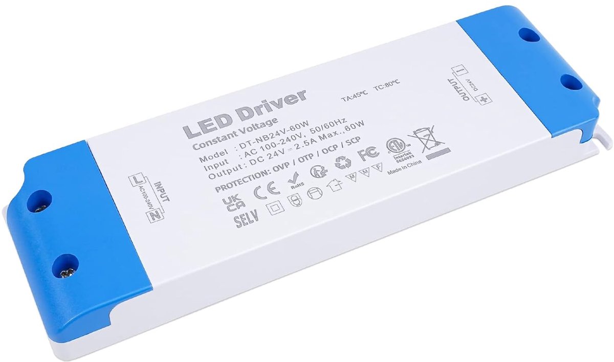 Transformator 24V 60W 2.5A, VARICART Slim Ledtransformatoren AC 230V naar 24V DC Voeding Driver, Mini LED-transformator Laagspanningstransformator voor G4, GU4, GU5.3, MR16, MR11 Ledlamp