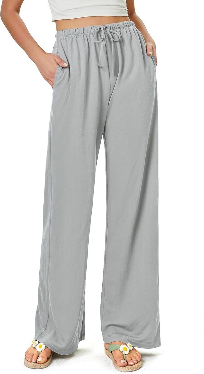 Damesbroek, flowy brede pijpen, vrijetijdsbroek, casual, strand, hoge taille, trekkoord, palazzo broek met zakken