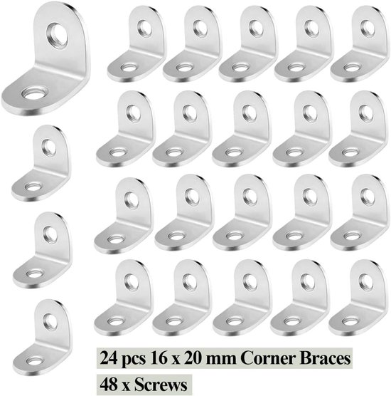 24 stuks Hoekbeugels, 16 x 20 mm L-beugel, 90 ° roestvrijstalen beugel met 48 schroeven, L-vormige metalen kleine connector voor houten meubelplanken, stoel, tafel, bed, fixatie repareren — afbeelding 5
