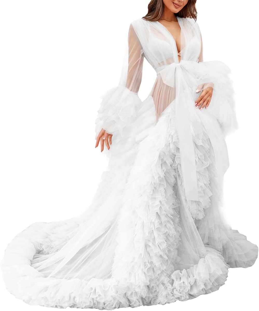 Tule Gewaad Zwangerschaps Jurk Kimono Badjas Perspectief Jurk Foto Voor Baby Shower, Wit, S