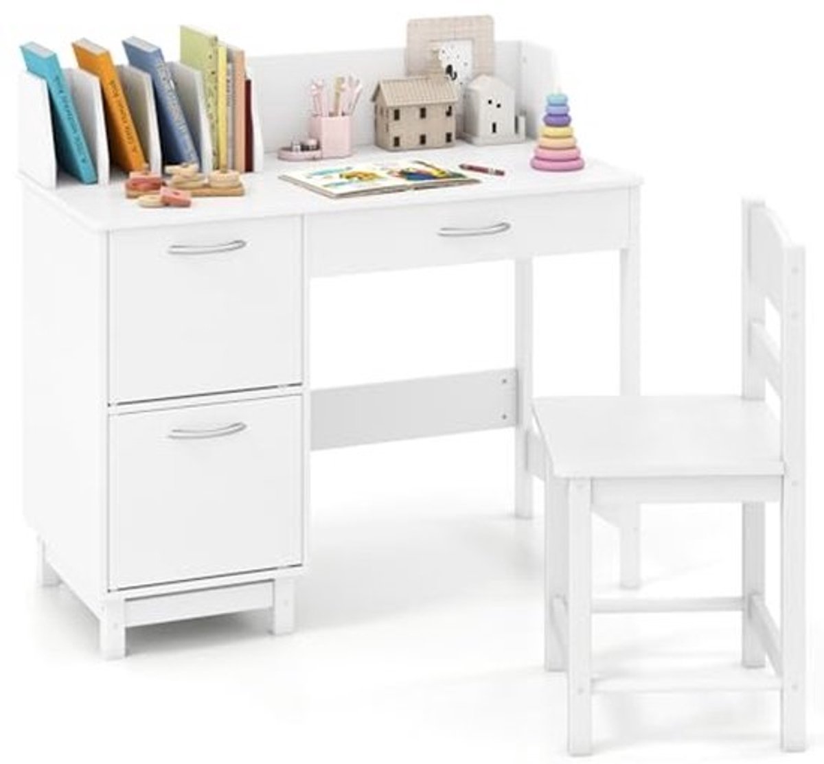 Bureauset voor kinderen - 3-8 jaar | Houten studietafel met opbergruimte - Ergonomische stoelen