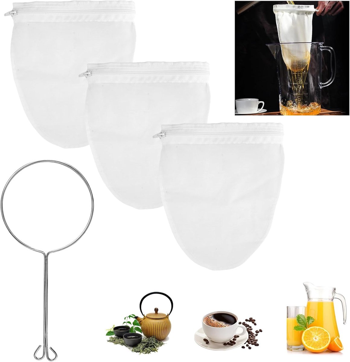 3 stuks, biologisch, wasbaar, notenmelkzak met standaard | 1 houder, zeefzak met ritssluiting, herbruikbaar, voor sap, melk, koffie, notenmelk, groentesappen (klein)