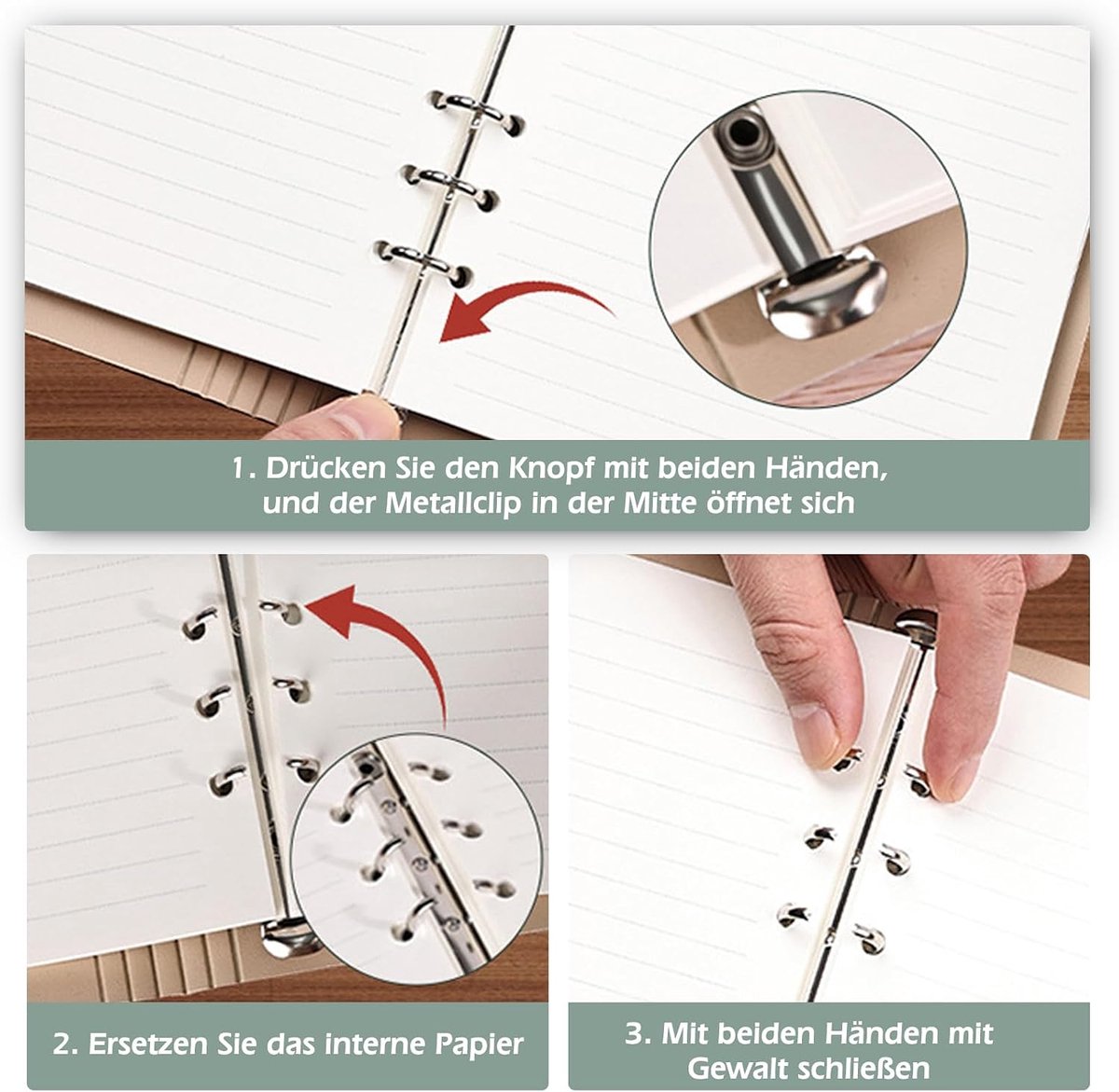 Navulbare ringband, A5, 6 gaten, notitieboek, A5, 160 dikke pagina's, hardcover, dagboek, map A5 met pen, U-vormige sluiting voor reizen en organizer, cadeau voor meisjes en jongens