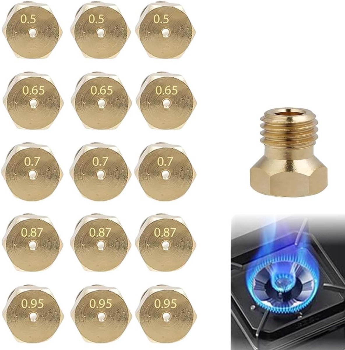Set van 15 universele sproeiers 6 MB LPG voor gasflessen, sproeiers voor gasfornuizen, verschillende maten (0,5/0,65/0,7/0,87/0,95 mm) x 3