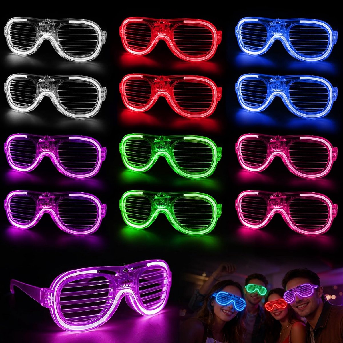 12 stuks, lichtgevende bril, neonlicht, led-brilmonturen, neonbril met 3 flitsmodi, voor disco, festival, feest, verjaardag, Kerstmis, rave, EDM, cosplay