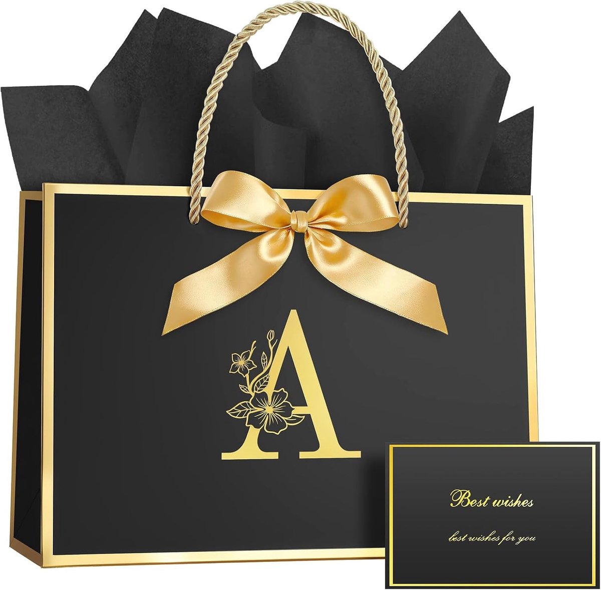 Verjaardagscadeau tas met strik, inclusief wenskaart en inpakpapier, zwart met handvatten voor mannen en vrouwen, ideale geschenkverpakking